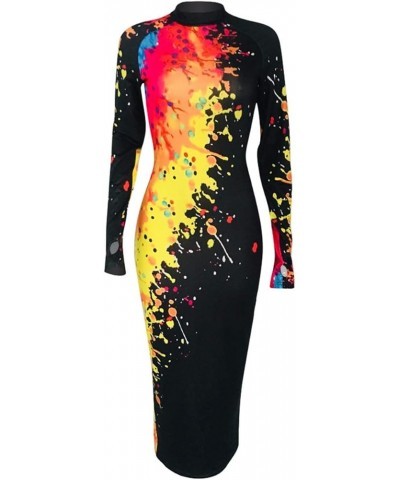 Women's Splatter Paint Mock Neck Long Sleeve Color Contrast Bodycon Party Club Slim Sheath Maxi Long Pencil Dress Black1 $16....