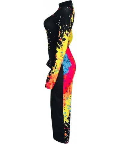 Women's Splatter Paint Mock Neck Long Sleeve Color Contrast Bodycon Party Club Slim Sheath Maxi Long Pencil Dress Black1 $16....