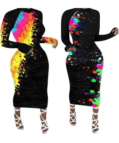 Women's Splatter Paint Mock Neck Long Sleeve Color Contrast Bodycon Party Club Slim Sheath Maxi Long Pencil Dress Black1 $16....