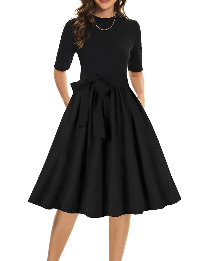 Womens Modest Half Sleeve Ribbed Midi Casual Work Dress with Pockets Pbl $11.43 Dresses