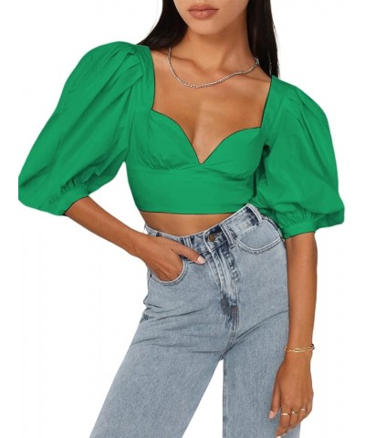 Women's Sweetheart Neck Crop Top Puff Short Sleeve Slim Fit Sexy Shirt Green Sweetheart $16.19 Blouses