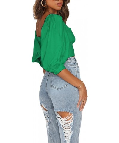 Women's Sweetheart Neck Crop Top Puff Short Sleeve Slim Fit Sexy Shirt Green Sweetheart $16.19 Blouses