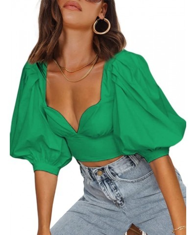 Women's Sweetheart Neck Crop Top Puff Short Sleeve Slim Fit Sexy Shirt Green Sweetheart $16.19 Blouses