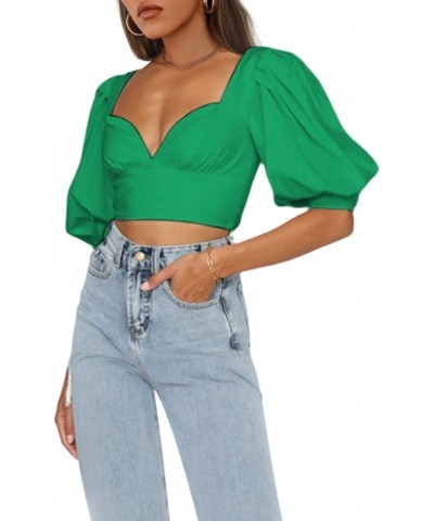 Women's Sweetheart Neck Crop Top Puff Short Sleeve Slim Fit Sexy Shirt Green Sweetheart $16.19 Blouses