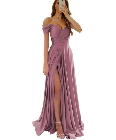 Womens Off Shoulder Prom Dresses Satin Long Formal Wedding Guest Party Gowns Dress with Slit Desert Rose $32.44 Dresses