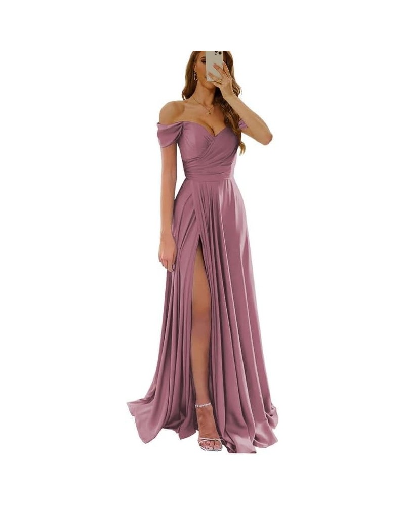 Womens Off Shoulder Prom Dresses Satin Long Formal Wedding Guest Party Gowns Dress with Slit Desert Rose $32.44 Dresses