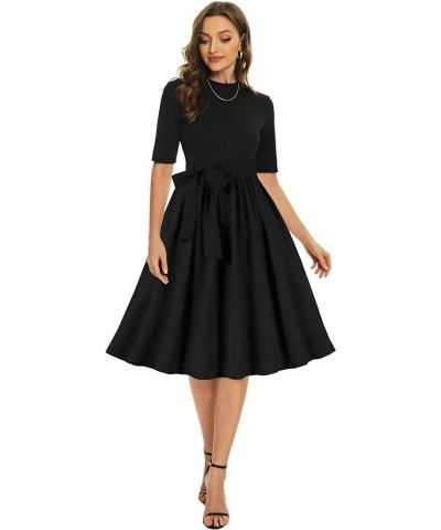 Womens Modest Half Sleeve Ribbed Midi Casual Work Dress with Pockets Pbl $11.43 Dresses