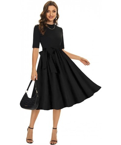 Womens Modest Half Sleeve Ribbed Midi Casual Work Dress with Pockets Pbl $11.43 Dresses