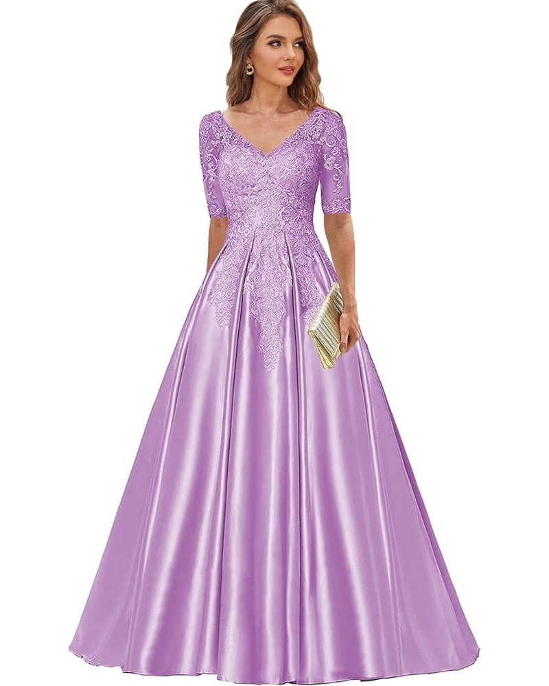 Lace Mother of The Bride Dresses for Women Long Satin Formal Dress with Sleeves V Neck Evening Party Gown Lilac $34.83 Dresses