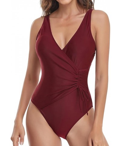 One Piece Swimsuit Women Retro Tummy Control Bathing Suits Sexy V Neck Athletic Beachsuit Tankini Push up Swimwear 01 Wine $9...