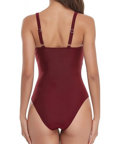 One Piece Swimsuit Women Retro Tummy Control Bathing Suits Sexy V Neck Athletic Beachsuit Tankini Push up Swimwear 01 Wine $9...