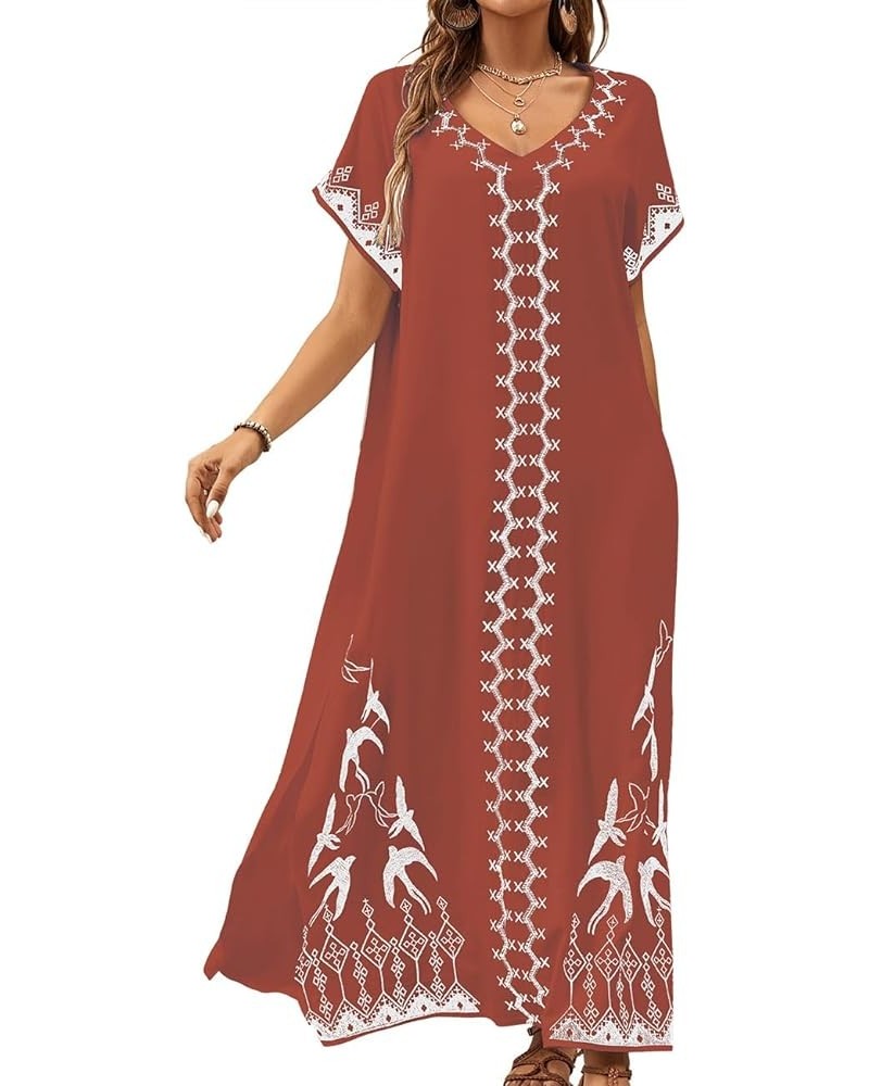 Embroidered Kaftan Dresses for Women Swimsuit Cover Ups Beach Caftan Maxi Dress L-brick Red $20.64 Swimsuits