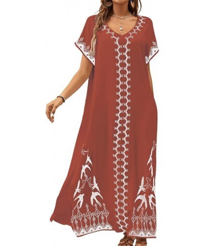 Embroidered Kaftan Dresses for Women Swimsuit Cover Ups Beach Caftan Maxi Dress L-brick Red $20.64 Swimsuits