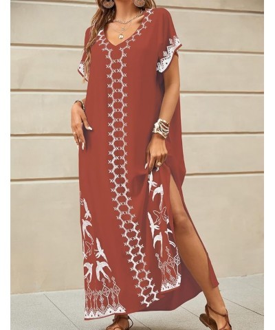 Embroidered Kaftan Dresses for Women Swimsuit Cover Ups Beach Caftan Maxi Dress L-brick Red $20.64 Swimsuits