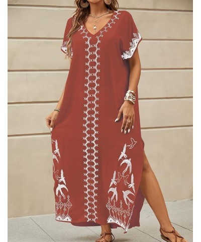 Embroidered Kaftan Dresses for Women Swimsuit Cover Ups Beach Caftan Maxi Dress L-brick Red $20.64 Swimsuits