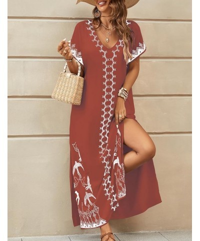 Embroidered Kaftan Dresses for Women Swimsuit Cover Ups Beach Caftan Maxi Dress L-brick Red $20.64 Swimsuits