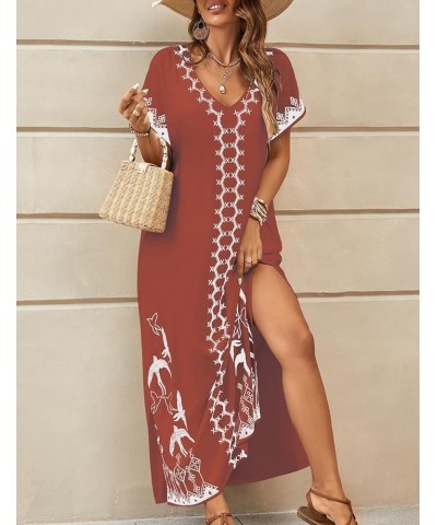 Embroidered Kaftan Dresses for Women Swimsuit Cover Ups Beach Caftan Maxi Dress L-brick Red $20.64 Swimsuits