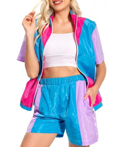 Women 80s Sportswear Set Colorblock Sweat Suit Retro Tracksuit Jacket Hip Hop Windbreaker Rave Track Suit Short Suit $23.77 A...