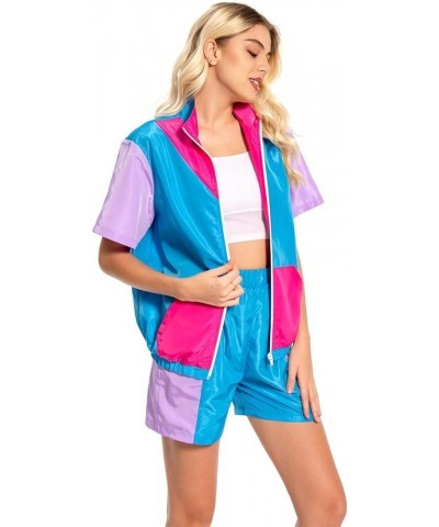 Women 80s Sportswear Set Colorblock Sweat Suit Retro Tracksuit Jacket Hip Hop Windbreaker Rave Track Suit Short Suit $23.77 A...