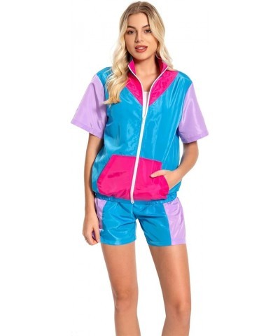 Women 80s Sportswear Set Colorblock Sweat Suit Retro Tracksuit Jacket Hip Hop Windbreaker Rave Track Suit Short Suit $23.77 A...