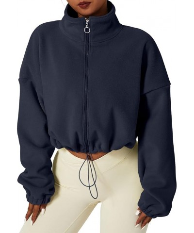 Women's Full Zip Fleece Cropped Fall Winter Jacket Sweatshirt Sweater Navy $20.25 Jackets