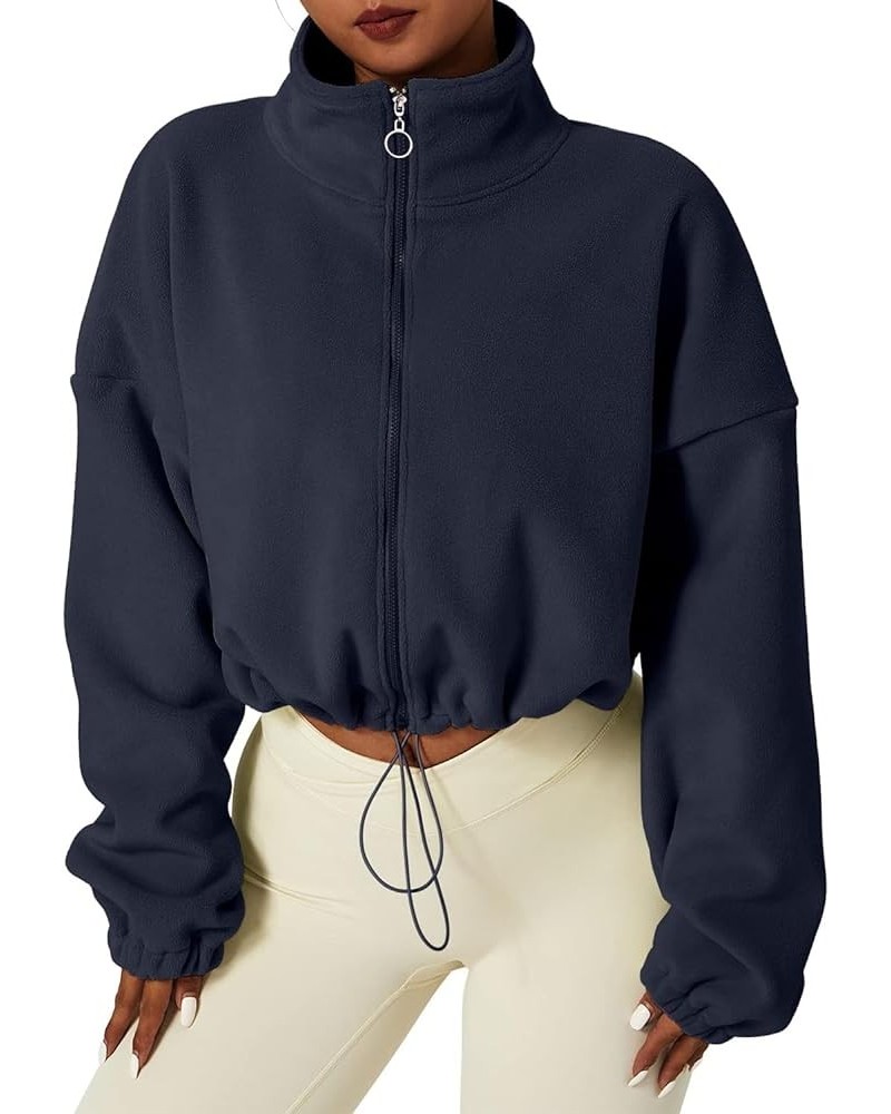 Women's Full Zip Fleece Cropped Fall Winter Jacket Sweatshirt Sweater Navy $20.25 Jackets