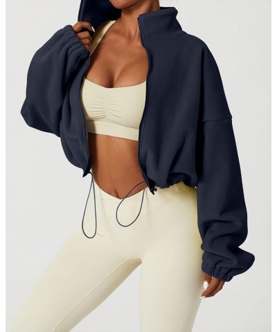 Women's Full Zip Fleece Cropped Fall Winter Jacket Sweatshirt Sweater Navy $20.25 Jackets