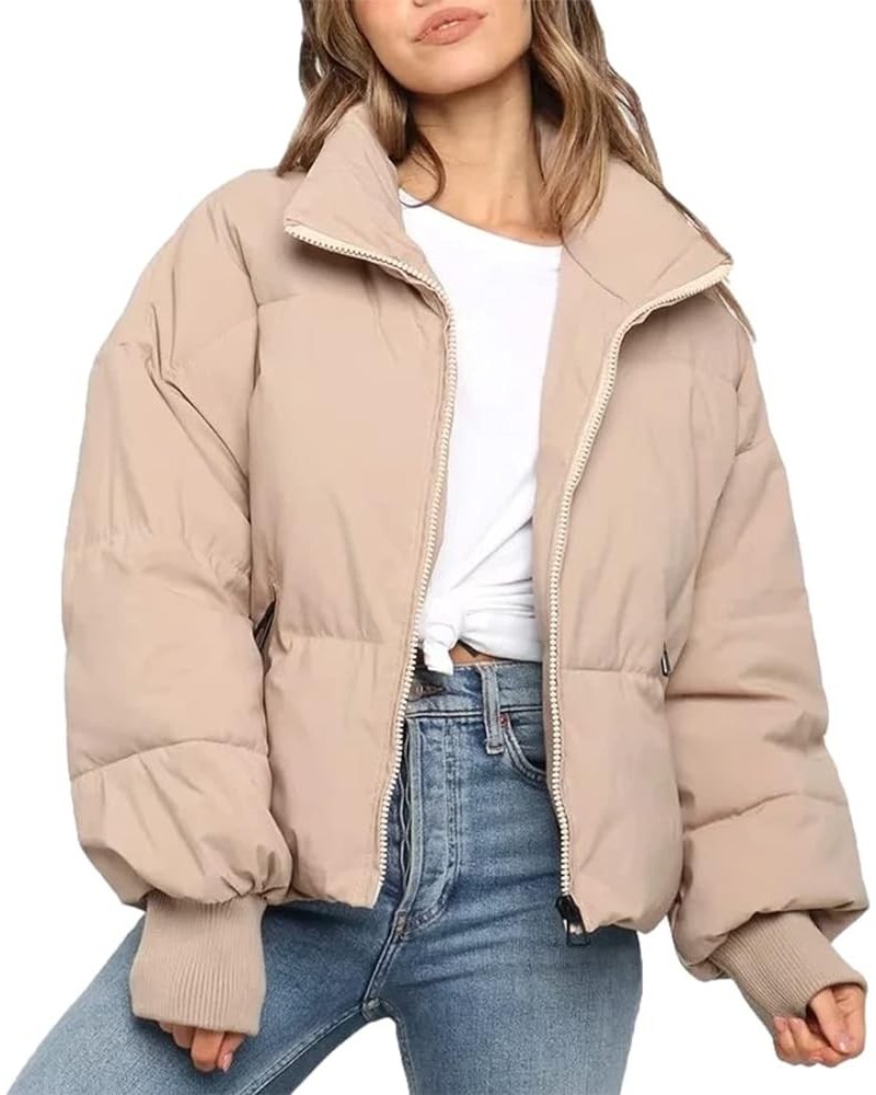 Women's Oversized Lightweight Cropped Padded Puffer Jacket Coats Full Zip Short Quilted Down Coat Khaki $26.09 Jackets