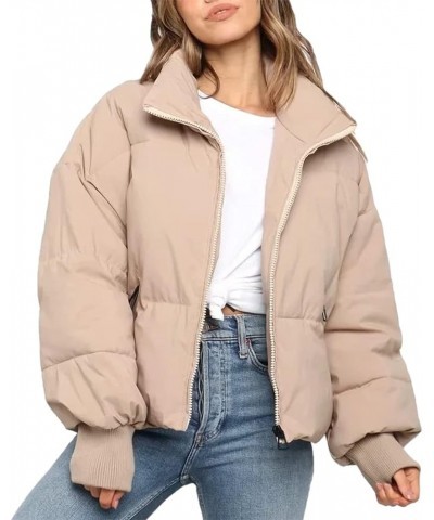 Women's Oversized Lightweight Cropped Padded Puffer Jacket Coats Full Zip Short Quilted Down Coat Khaki $26.09 Jackets