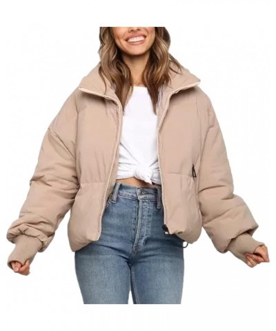 Women's Oversized Lightweight Cropped Padded Puffer Jacket Coats Full Zip Short Quilted Down Coat Khaki $26.09 Jackets