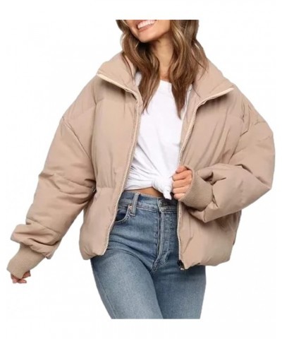 Women's Oversized Lightweight Cropped Padded Puffer Jacket Coats Full Zip Short Quilted Down Coat Khaki $26.09 Jackets