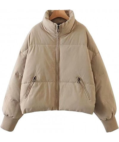 Women's Oversized Lightweight Cropped Padded Puffer Jacket Coats Full Zip Short Quilted Down Coat Khaki $26.09 Jackets