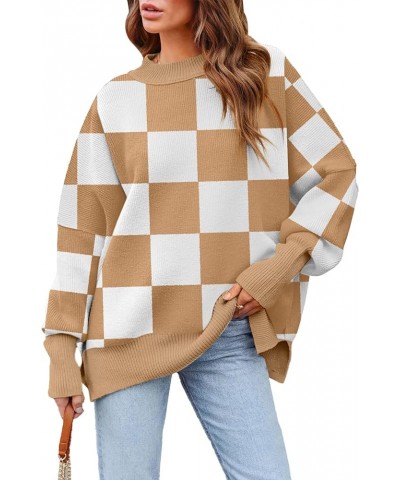 Women's Crewneck Oversized Sweaters 2023 Fall Fashion Batwing Long Sleeve Knit Side Slit Pullover Sweater Tops Yellow Plaid $...