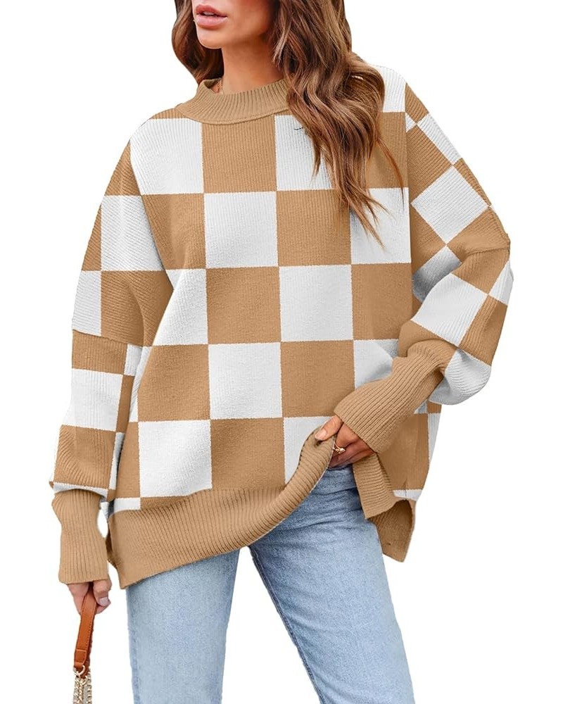 Women's Crewneck Oversized Sweaters 2023 Fall Fashion Batwing Long Sleeve Knit Side Slit Pullover Sweater Tops Yellow Plaid $...