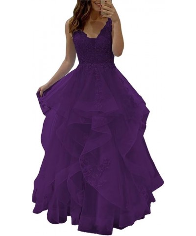 Fluffy Layered Prom Dresses Long Ball Gown for Girls Lace Applique V Neck Tulle Formal Evening Dress A Line Plum $41.30 Dresses