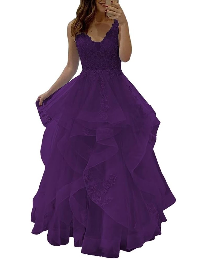 Fluffy Layered Prom Dresses Long Ball Gown for Girls Lace Applique V Neck Tulle Formal Evening Dress A Line Plum $41.30 Dresses