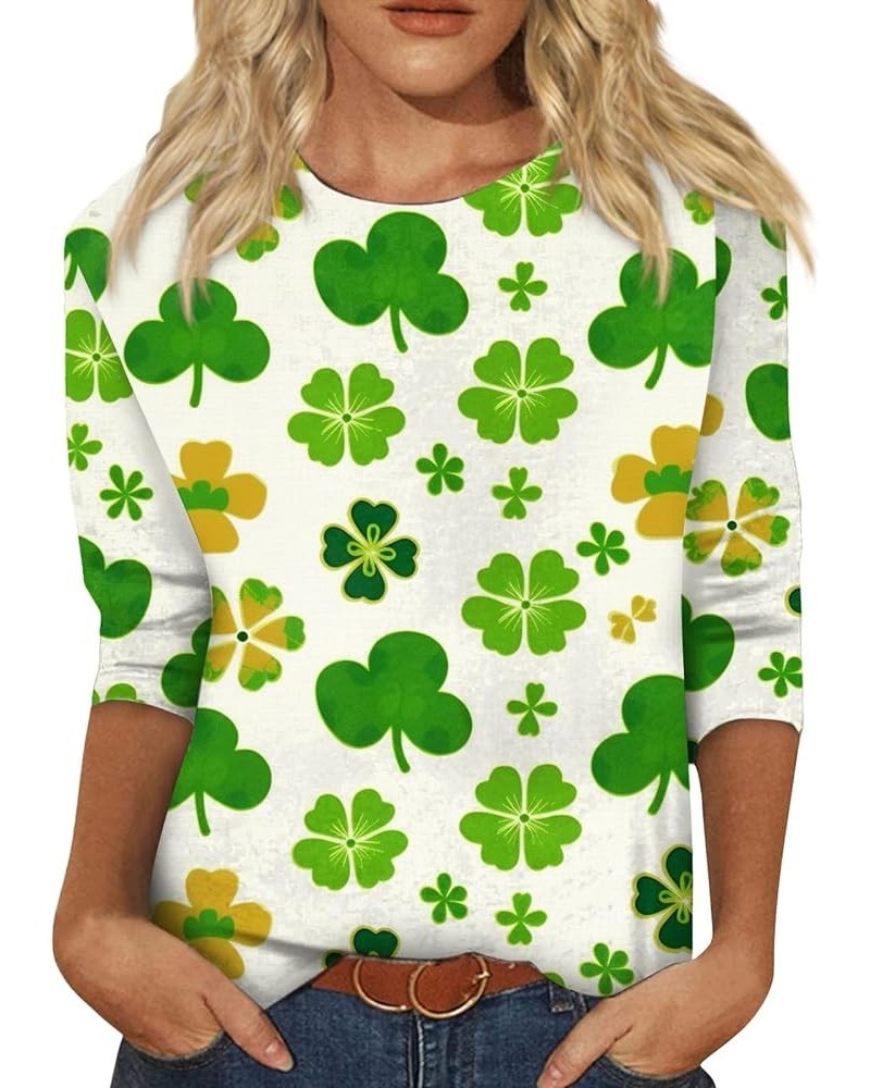 Three Quarter Sleeve Tops Ladies Shirt St.Patrick's Printed Blouse Basic Tunic Round Neck 2024 Spring Tee Loose Tunic 1-white...