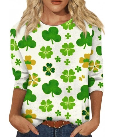 Three Quarter Sleeve Tops Ladies Shirt St.Patrick's Printed Blouse Basic Tunic Round Neck 2024 Spring Tee Loose Tunic 1-white...