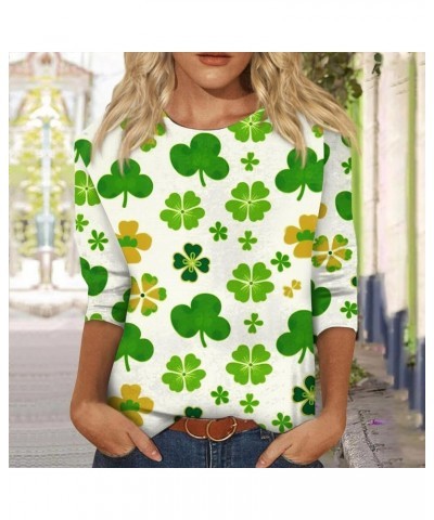 Three Quarter Sleeve Tops Ladies Shirt St.Patrick's Printed Blouse Basic Tunic Round Neck 2024 Spring Tee Loose Tunic 1-white...