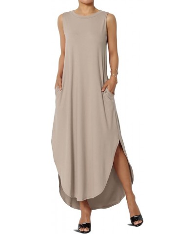 S~3X Sleeveless Loose Plain Curved Slit Hem Long Maxi Dress w Pocket Light Mocha Brushed Dty $11.89 Dresses