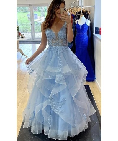 Fluffy Layered Prom Dresses Long Ball Gown for Girls Lace Applique V Neck Tulle Formal Evening Dress A Line Plum $41.30 Dresses