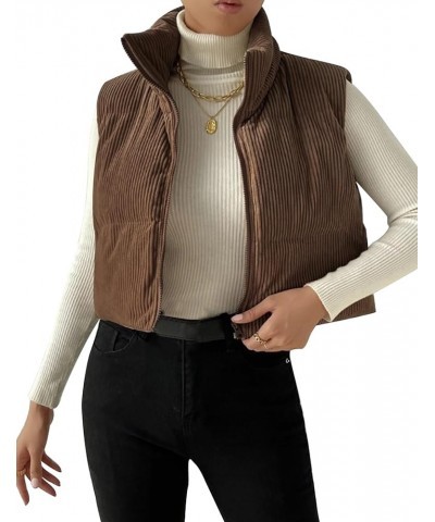 Women's Corduroy Puffer Vest Cropped Stand Collar Zip Up Vest Quilted Sleeveless Jackets Gilet Coffee $14.74 Vests