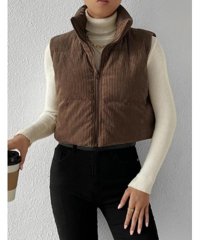 Women's Corduroy Puffer Vest Cropped Stand Collar Zip Up Vest Quilted Sleeveless Jackets Gilet Coffee $14.74 Vests