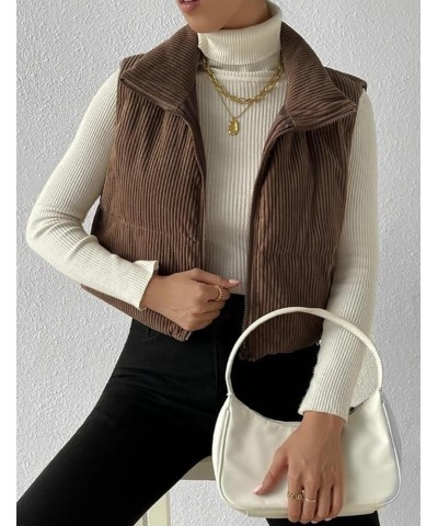 Women's Corduroy Puffer Vest Cropped Stand Collar Zip Up Vest Quilted Sleeveless Jackets Gilet Coffee $14.74 Vests