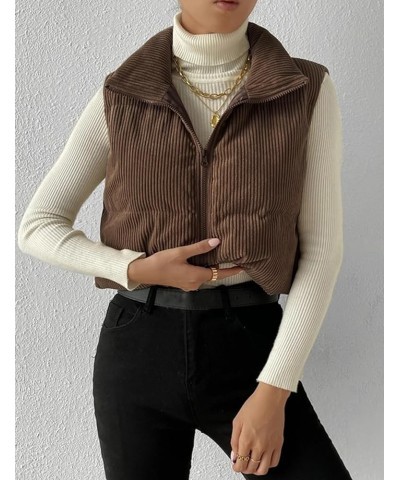 Women's Corduroy Puffer Vest Cropped Stand Collar Zip Up Vest Quilted Sleeveless Jackets Gilet Coffee $14.74 Vests