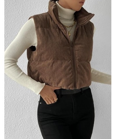 Women's Corduroy Puffer Vest Cropped Stand Collar Zip Up Vest Quilted Sleeveless Jackets Gilet Coffee $14.74 Vests