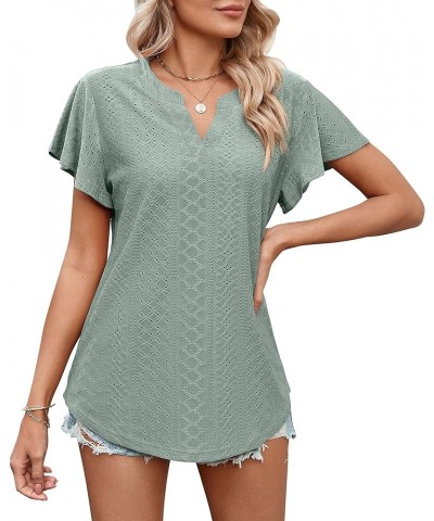 Women's Short Sleeve T Shirt Eyelet Dressy Casual V Neck Tops Blouse Light Green $13.44 Blouses