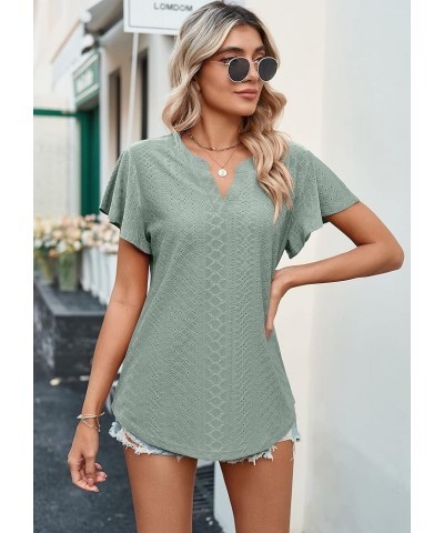 Women's Short Sleeve T Shirt Eyelet Dressy Casual V Neck Tops Blouse Light Green $13.44 Blouses