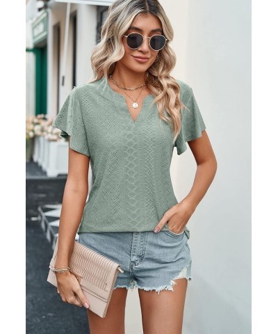 Women's Short Sleeve T Shirt Eyelet Dressy Casual V Neck Tops Blouse Light Green $13.44 Blouses