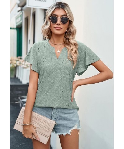 Women's Short Sleeve T Shirt Eyelet Dressy Casual V Neck Tops Blouse Light Green $13.44 Blouses